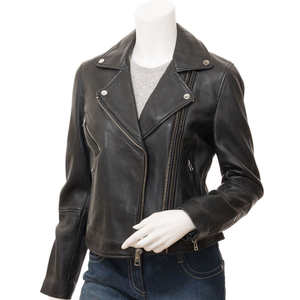 <b>Women's</b> Fully Lined Zip Front Lambskin Leather <b>Jacket</b> Breathable Satin <b>Racer</b> Style Streetwear Elegant Look Waterproof - Product Image 1