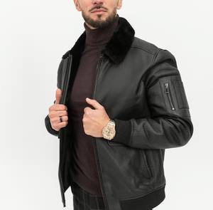 Chaqueta de Cuero de Oveja Negra para Hombre, Chaqueta Bomber con Cuello Alto, Abrigo Cálido de Invierno, Forro de Algodón, Ropa de Moto Informal, Regalo - Product Image 4