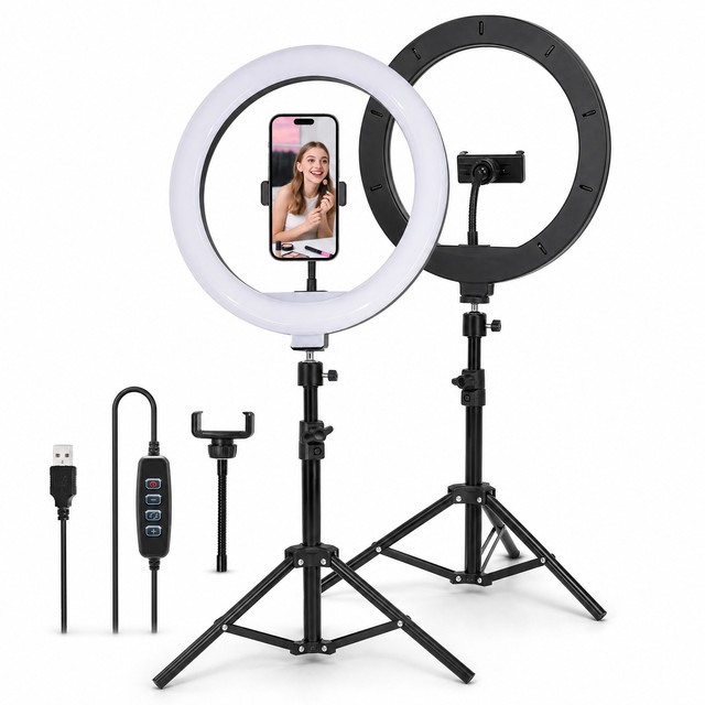 Joystar 10 Inch Plastic Ring Light Tripod Stand 360 Rotation Adjustable Color Temperature Flexible Phone Holder USB Powered