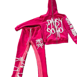 Sudadera personalizada con parches desgastados para hombre, Sudadera con capucha y cremallera, pantalones acampanados, chándales, pantalones de chándal unisex lavados con ácido y conjunto de Jogger con capucha - Product Image 1