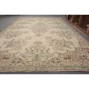 Tapis traditionnel en laine verte beige 7.2x11.3 pieds support en Latex de conception de patchwork turc vintage pour les décorations de salon - Product Image 2