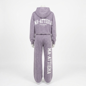 Custom Women Acid Wash Lavender <b>Crop</b> Hoodie Wide Leg <b>Jogger</b> Set Cotton Fleece Streetwear Tracksuit OEM Wholesale - Product Image 3