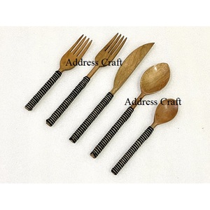 High Demanded Acacia Wood Cutlery <b>Set</b> With Rattan Woven Handle Premium Quality Wooden Flatware <b>Set</b> Tableware Essential Spoon <b>Set</b> - Product Image 5