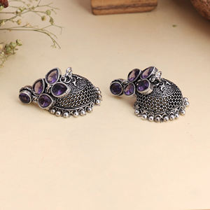 Boucles d'oreilles pendantes style bohème en laiton plaqué argent antique avec améthyste violette pour soirée - Product Image 2