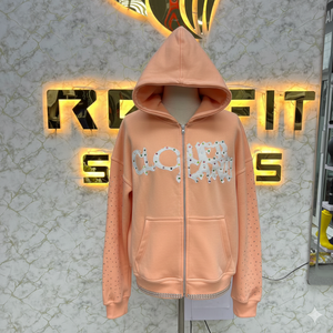เสื้อฮู้ดซิปสีส้มโคลเวอร์ ยูนิเซ็กส์ สตรีทแวร์ ผ้าฟลีซ โอเวอร์ไซส์ พิมพ์ลายโลโก้ด้านหน้าประดับคริสตัล แขนเสื้อปกติ สำหรับฤดูใบไม้ร่วง - Product Image 5