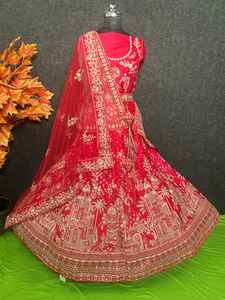 Luxe Balgory Soie De Mariée Lehenga 12 Kali Flare Jarakan Broderie Multi Couleur Double Dupatta Rajwadi Style pour Mariage - Product Image 3