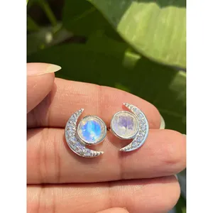 925 <b>Silver</b> Crescent Moonstone <b>Stud</b> Earrings Trendy 14K/18K Gold Bezel Setting Rose Gold 18K Gold Gold Zircon Animal Pattern - Product Image 2