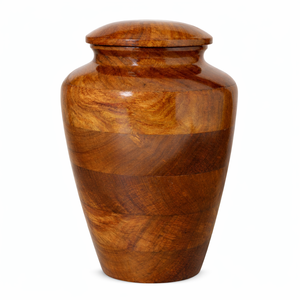 Urne funéraire classique en bois poli avec un corps large, une surface lisse et un couvercle traditionnel pour le stockage des cendres - Product Image 1