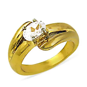 Bague de fiançailles unisexe en argent 925 plaqué or jaune, pierre naturelle ronde taille brillant, sertissage classique à griffes - Product Image 3
