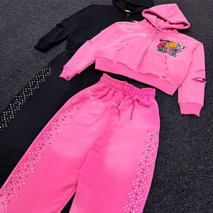 Chándales de dos piezas con capucha de felpa francesa de algodón de peso pesado para hombre, chándales de diamantes de imitación multicolor desteñidos por el sol de gran tamaño lavados Vintage - Product Image 2