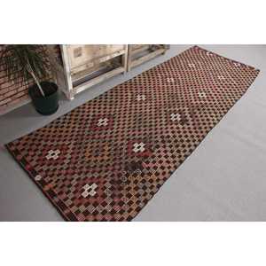 Tapis turc vintage 3,4x9,7 pi (105x296 cm), tapis Kilim marron rouge à motifs floraux - Product Image 3