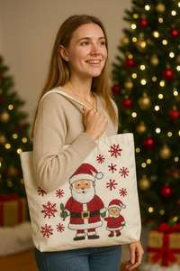 Nouveaux sacs fourre-tout de Noël en toile décorative, sacs de courses festifs brodés, sacs fourre-tout de Noël réutilisables avec des motifs de bonhomme de neige et de Père Noël - Product Image 2