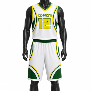 Uniforme de Baloncesto Personalizado para Hombre, Blanco, Verde y Amarillo, Transpirable, de Malla, Sublimado, Pantalones Cortos Deportivos para Equipo, Venta al Por Mayor OEM - Product Image 1