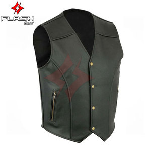 Gilet de motard en cuir pour hommes, veste classique sans manches pour motocyclette, gilet d'équitation pour club, fermeture à bouton avant, poche zippée vintage - Product Image 2