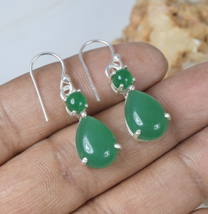 Onyx vert 925 argent Sterling pierres précieuses crochet boucles d'oreilles Double pierre boucles d'oreilles décembre pierre de naissance bijoux faits à la main en gros - Product Image 1
