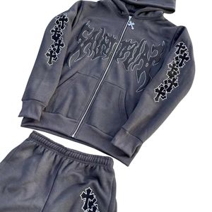 Trending Winter Unisex Custom Digital Embroidered Plaid Oversized Flared <b>Hoodies</b> 100% Cotton Fleece <b>Zip</b> <b>Pocket</b> Washed Techniques - Product Image 6