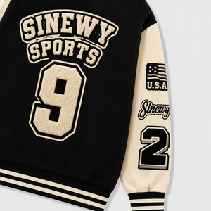 SINEWY SPORTS <b>Men's</b> Varsity <b>Jacket</b> Black Cream Embroidered <b>Letter</b> Patch Design Preppy Style Turn-down Collar Regular Fit - Product Image 4