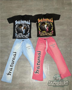Conjunto de camiseta y pantalones de tela de algodón de gran tamaño, conjunto de pantalones de chándal y Camiseta con estampado de pantalla personalizado, lavado ácido, pantalones de chándal acampanados - Product Image 3