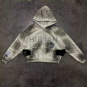 New <b>Rhinestone</b> Zipper up Hoodie Cropped Long Sleeve Spay Zip up Hoodies for Men Women Washed Hoodie <b>Jacket</b> 2025 - Product Image 2