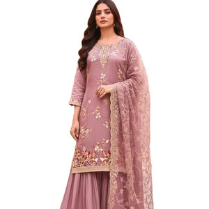 Traje Salwar Tradicional de Seda GMY Pura con Mangas de Campana Bordadas y Patrón Elegante para Mujer, Ropa de Fiesta, Largo hasta la Rodilla - Product Image 1