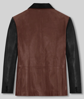 Veste en cuir véritable pour homme, marron et noir bicolore, décontractée, col montant, bouton unique, coupe classique, hiver, vintage, logo sur le devant