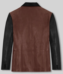 Veste en cuir véritable pour homme, marron et noir, bicolore, décontractée, col rabattu, bouton unique, coupe classique, pour l'automne - Product Image 3