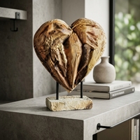 Sculpture de cœur en bois artisanale Velove, décoration de table rustique et romantique, œuvre d'art décorative avec support métallique pour la maison