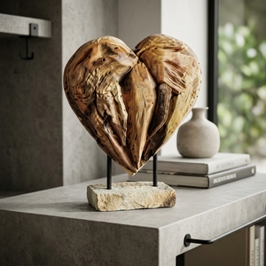 Velove Stand Handcrafted <b>Wooden</b> Heart Sculpture <b>Rustic</b> Romantic Tabletop Decorative Artwork Metal Stand Home Decor Display - Product Image 2