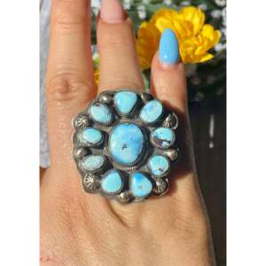Kathleen Chavez Golden Hill Dainty Cluster <b>Ring</b> Turquoise & <b>Sterling</b> <b>Silver</b> Bezel <b>Set</b> Smooth Cut Stone Size 8.75 Everyday Wear - Product Image 2