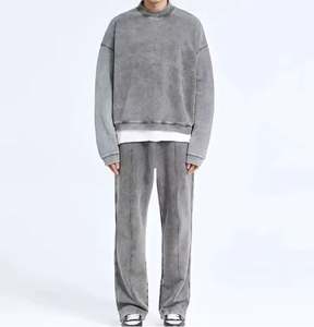 Streetwear Vintage surdimensionné poids lourd épaules tombantes col rond pull surdimensionné lavage à l'acide sweat pour hommes - Product Image 3