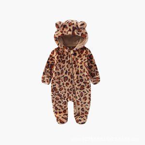 Venta al por mayor de moda de invierno con estampado de leopardo, además de terciopelo grueso y cálido con cremallera para niños y niñas, Pelele con capucha para niños y bebés, ropa - Product Image 1