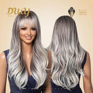 Katelynn-DWY 22-Inch <b>Long</b> Synthetic <b>Wig</b> for Women Natural Wave Gray Gradient Brown Layered Cut Transparent Lace - Product Image 3