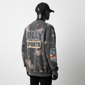 Premium 330 GSM sudadera de lana de algodón estilo extragrande lavado negro tela desgastada parche bordado básico sudadera - Product Image 2