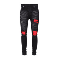 Fabricant de jeans en denim sur mesure, streetwear, hip hop, jeans skinny déchirés et délavés avec patchs en cuir pour hommes