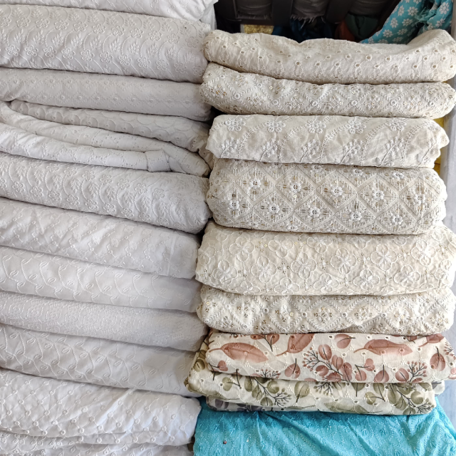 Hot Sale Cotton Chikan Embroidered Indian Cloth Textile Fabric for Making Dress Available at Wholesale Supply Manufacturer Price