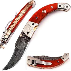 Cuchillo de bolsillo Precio al por mayor Acero de Damasco Cuchillo plegable para acampar Mango de madera Cuchillo de bolsillo a granel para la venta con Funda de cuero - Product Image 6