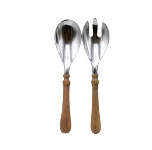 Ensemble de serveurs à salade en acier inoxydable avec manche en bois naturel, vaisselle pour la maison et l'hôtel, cuillère et fourchettes pour servir les aliments - Product Image 1