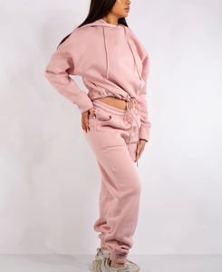 OEM/ODM Tenue de jogging solide d'hiver 100% coton pour femmes, ensemble de pantalons à capuche à épaules tombantes, coupe régulière, logo personnalisé imprimé DTF - Product Image 3