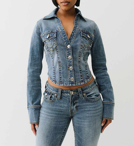 Nouvelle conception, veste bomber en denim tricotée pour femmes, automne, strass, personnalisée, lavage à l'acide, coupe-vent, imperméable, meilleure vente - Product Image 1