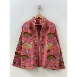 Veste en coton brodée Gulbahar Crewel, réversible et surdimensionnée, style bomber, avec motif rose délavé, pour les saisons printemps et automne - Product Image 3