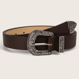 Cinturón de Cuero Bordado a Mano Estilo Occidental con Hebilla Floral Plateada Antigua para Hombre y Mujer - Moda Vaquera Rodeo 80g - Product Image 1