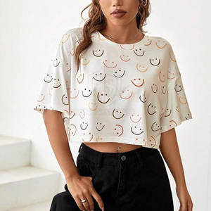 Camisetas cortas de algodón de verano personalizadas para mujer, talla suelta, Color sólido, liso, estilo informal, tela de lona comprimida - Product Image 6