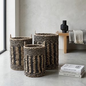 Natural Seagrass Recycled <b>Plastic</b> <b>Basket</b> Set Vertical Rib Stripe Arch Handle Cylinder Pot Planter Pure Art Setup Room Decor Art - Product Image 6