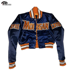 Chaqueta de calle de satén azul marino para hombres y mujeres con logotipos de equipo bordados con cuello levantado apto para invierno - Product Image 3