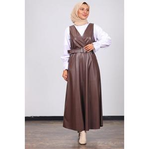 Gilet con cintura in ecopelle-marrone - Product Image 3