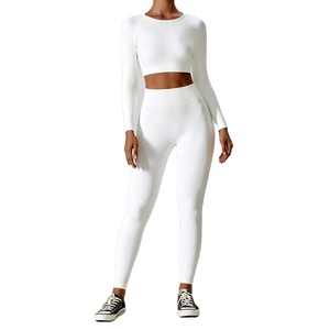 Ropa deportiva de tela de bambú, conjunto de Yoga para entrenamiento, ropa deportiva para mujer, ropa de gimnasio, mallas de cintura alta de manga larga, trajes deportivos - Product Image 4