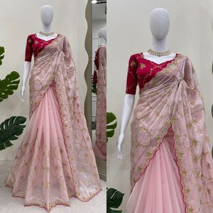 Ensemble de saree en filet sergé exclusif fil lourd et séquence de 9mm travail bordure en dentelle fantaisie vêtements ethniques de luxe - Product Image 2
