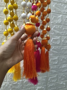 Colorful Velvet Ball Tassel Garlands for Mehndi Haldi Backdrop, Indian Muslim Wedding Decor, Party Wall Hanging & Event <b>Curtain</b> - Product Image 2