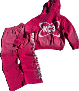 Custom Distressed Puff Printed 100% Cotton Fleece 650g Quick Dry Winter Men's Tracksuit Set Rhinestone Baggy Sweatpants <b>Zip</b> - Product Image 6