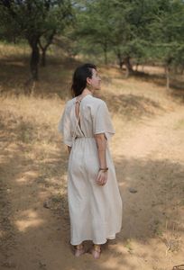 ชุดเดรสคลุมสไตล์วินเทจของผู้หญิงผ้าฝ้ายแท้มัสลินความยาวแมกซี่พิมพ์ลายสีพื้นระบายอากาศเป็นมิตรกับสิ่งแวดล้อมซักได้สำหรับฤดูร้อนฤดูใบไม้ร่วง - Product Image 3